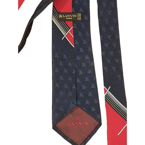 80s Lanvin SILK Tie | Lanvin Paris Navy & Red Necktie - Picture 3 of 6